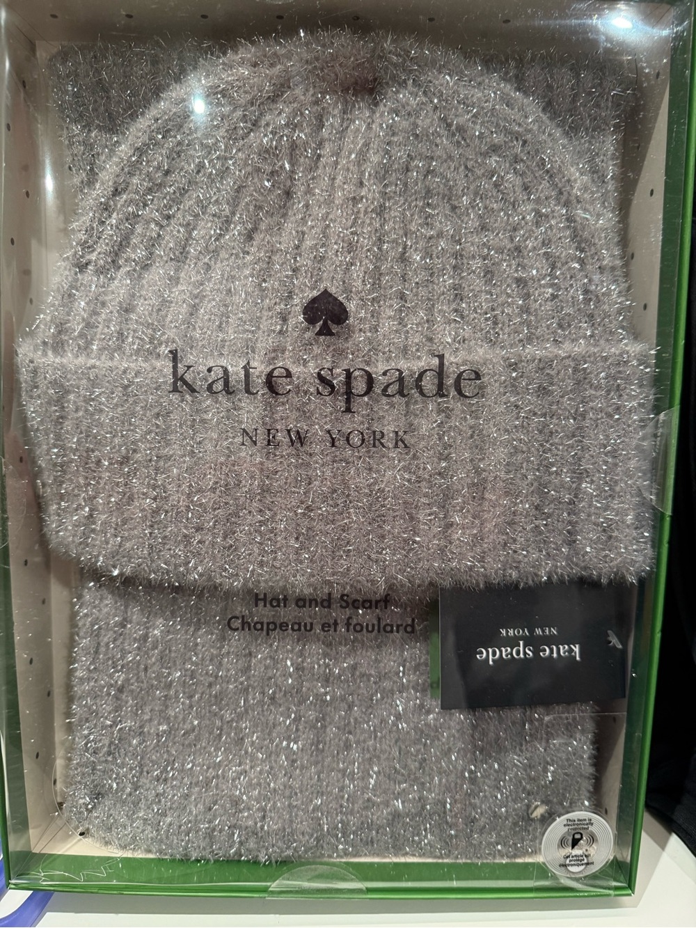 kate spade silver sparkle knit beanie and scarf set